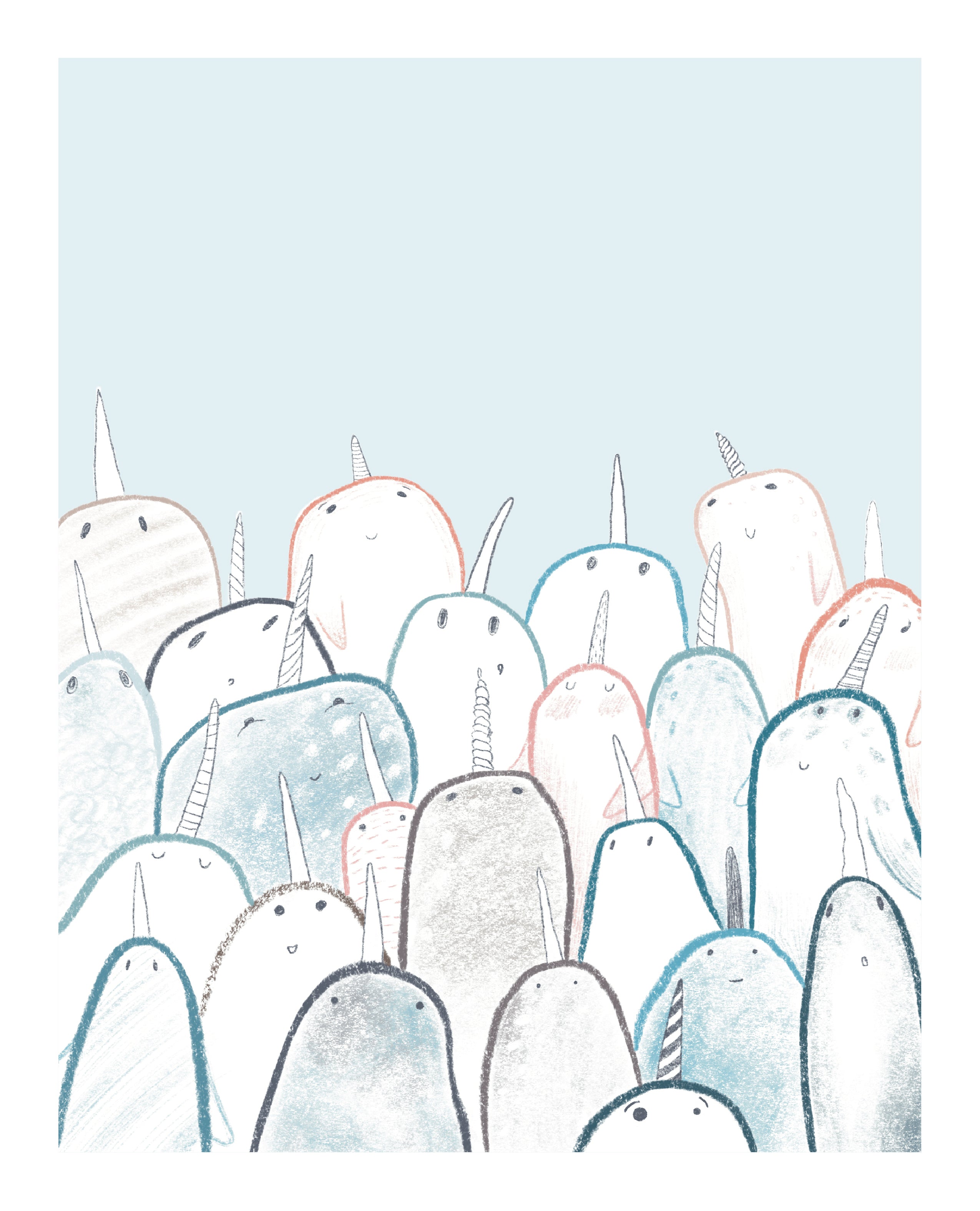 A group of illustrated narwhals all in different colors and shapes